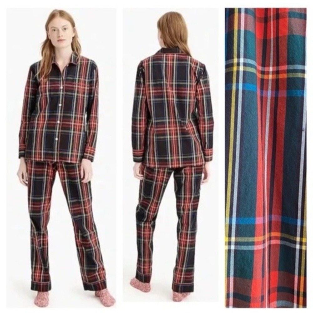 J. Crew Plaid Pajama Set Wide Leg Pull On Pants Long Sleeve Collar Women's S/M